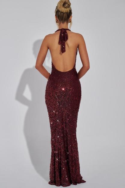 Sequin Swing Collar Backless Maxi Dress