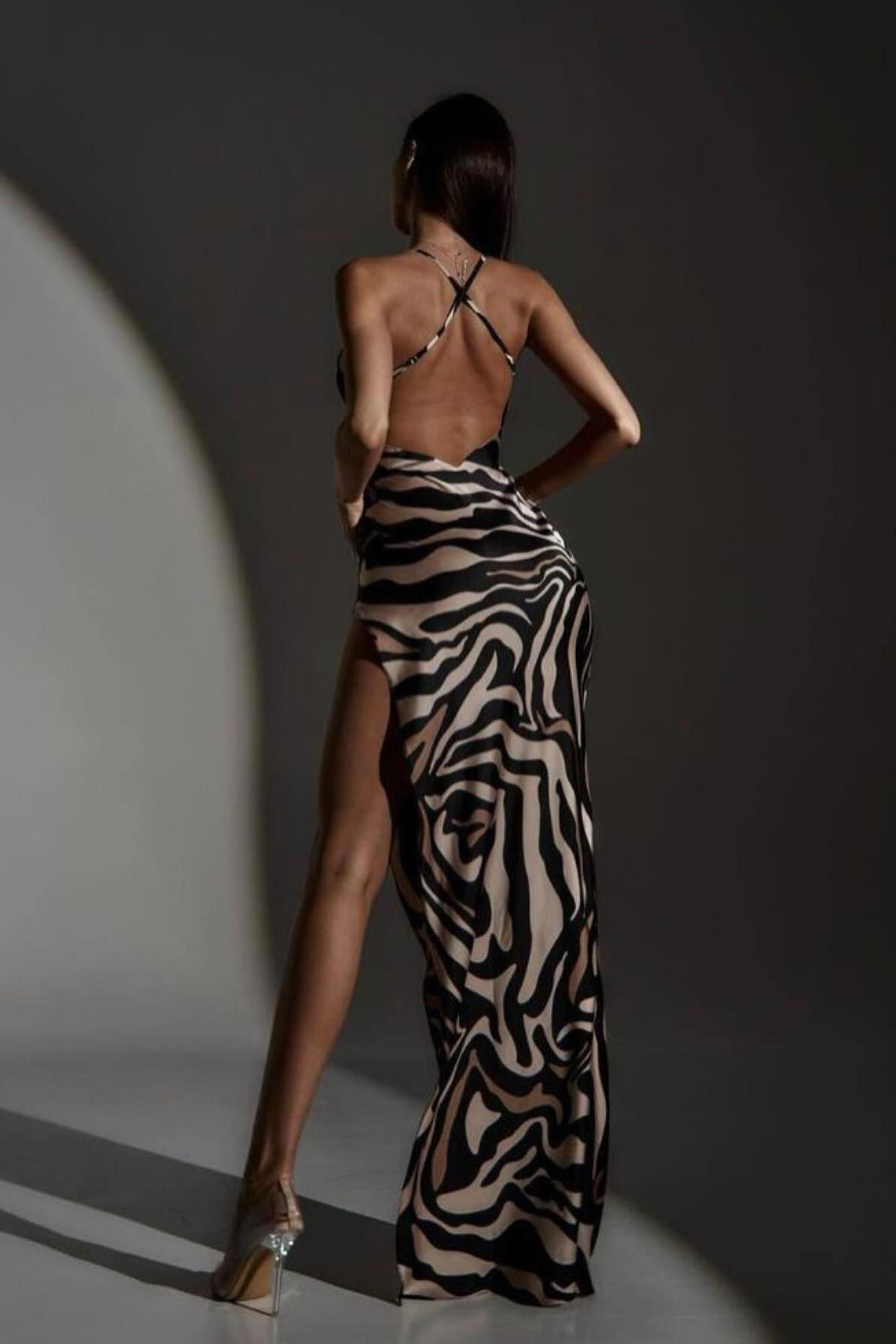 Zebra Print Splicing Lace Split Maxi Dress