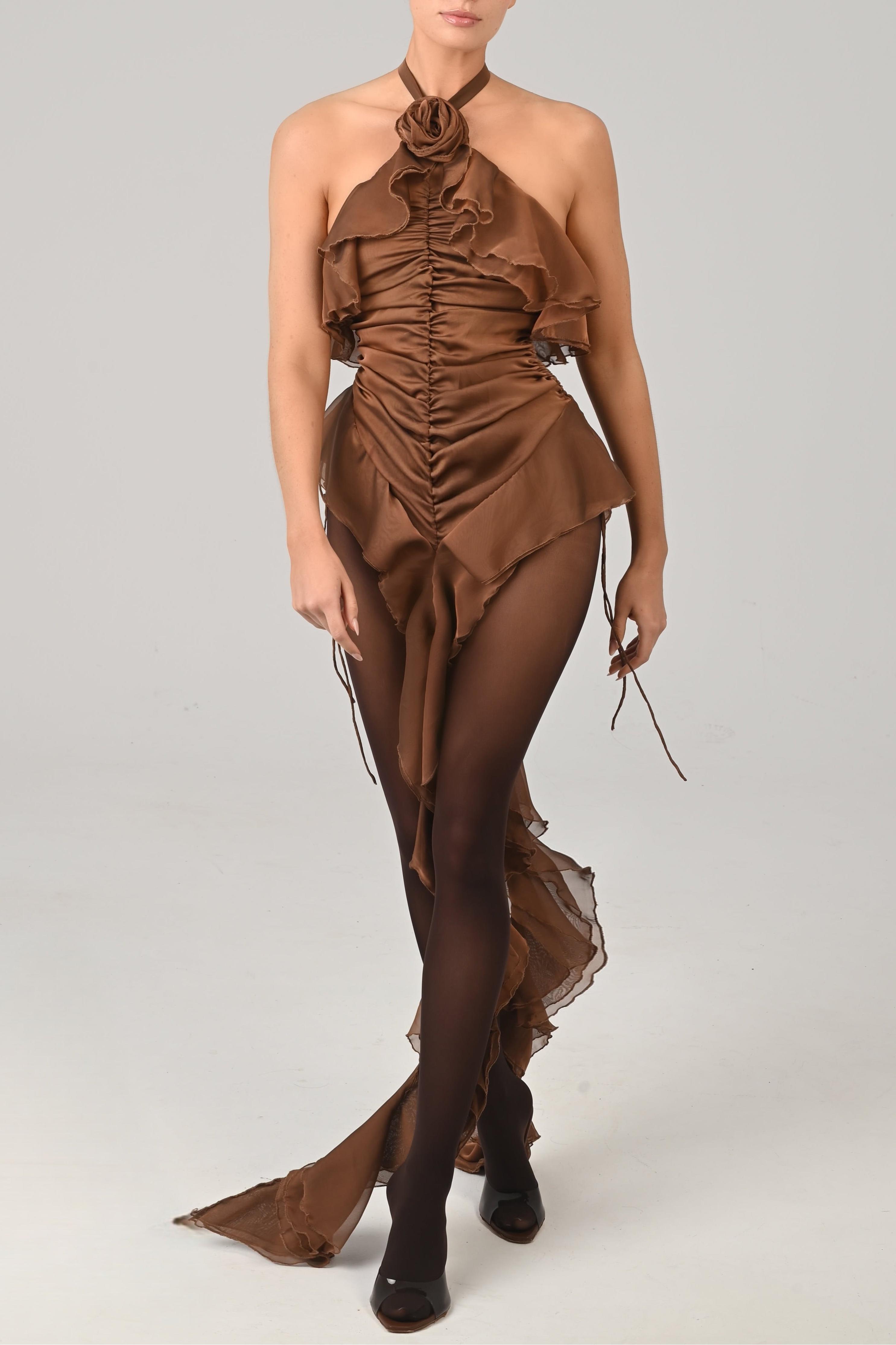 3D Flower Halter Neck Satin Splicing Chiffon Maxi Dress