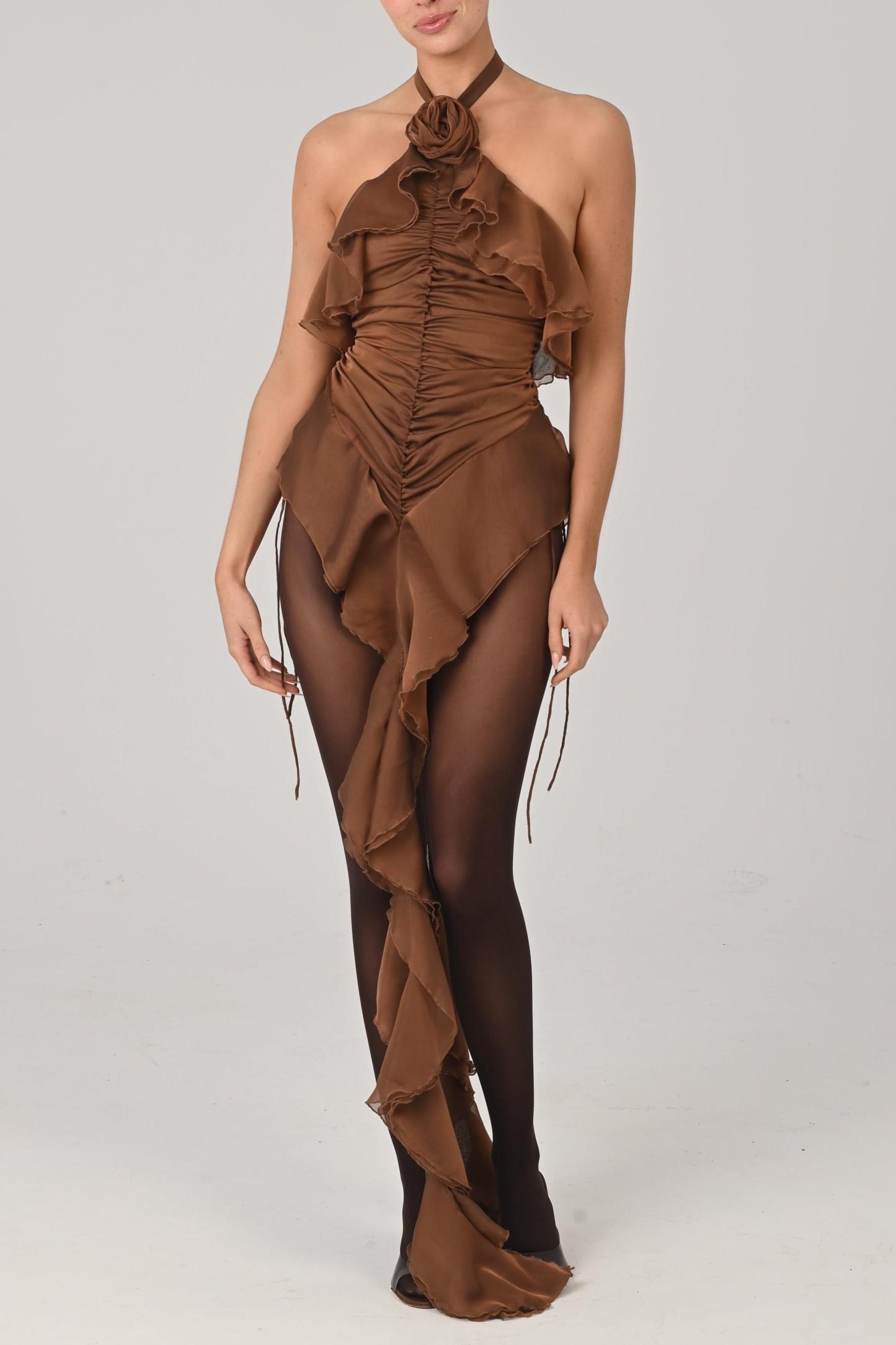 3D Flower Halter Neck Satin Splicing Chiffon Maxi Dress