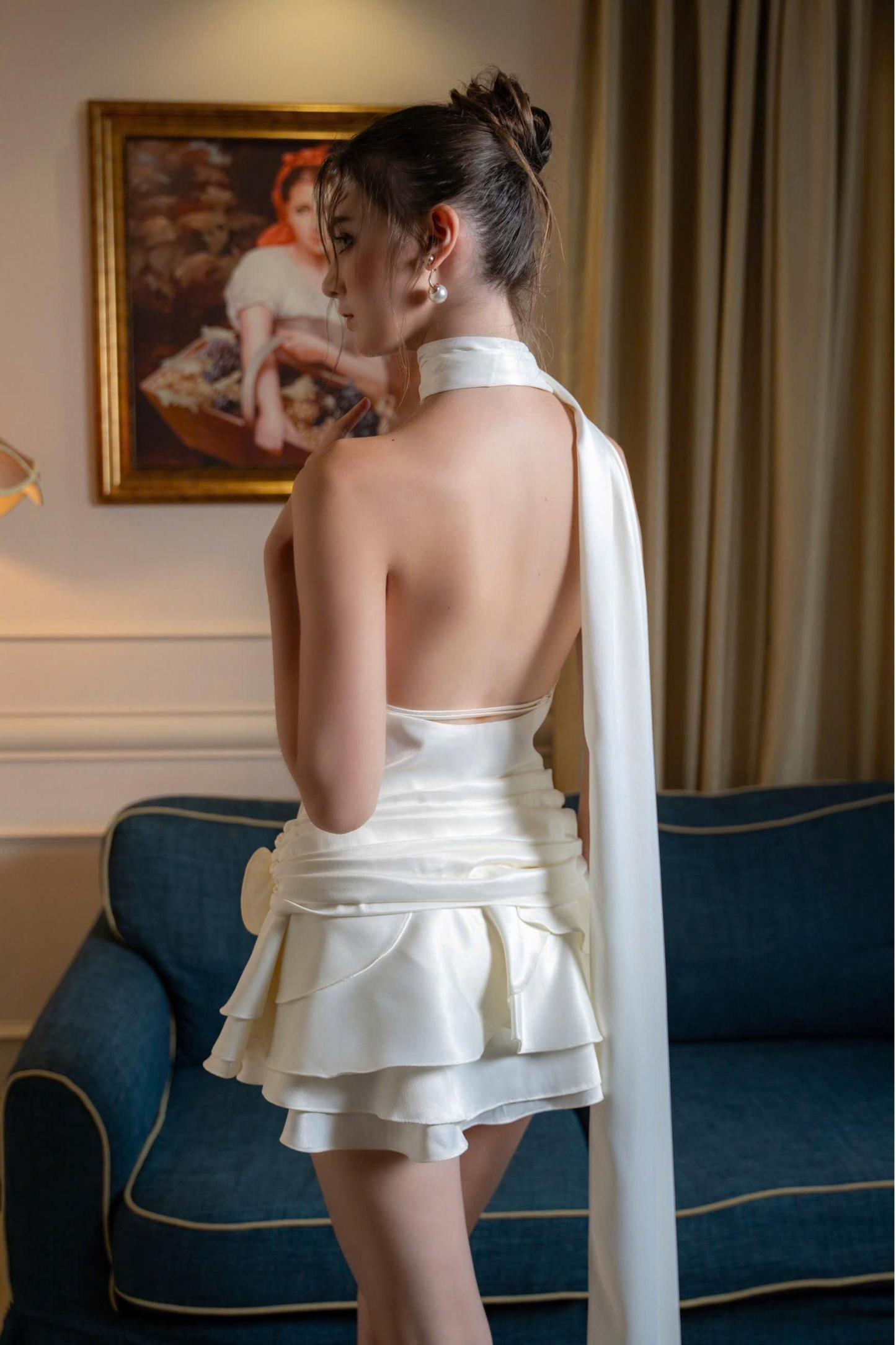 Satin 3D Flower Ruffle Mini Dress