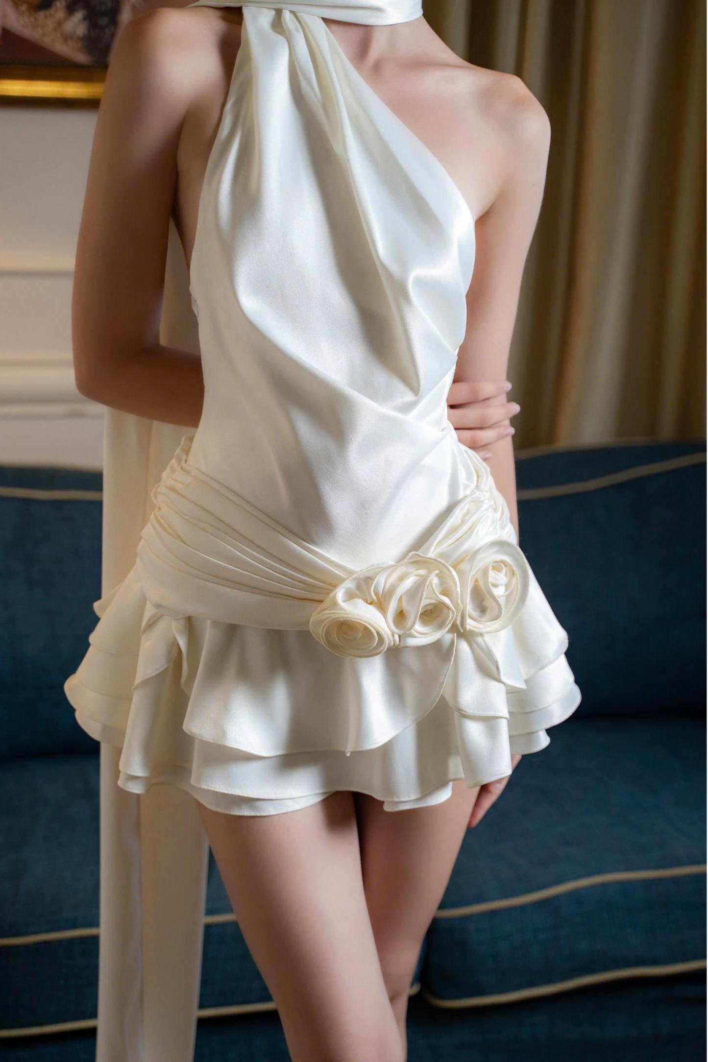 Satin 3D Flower Ruffle Mini Dress
