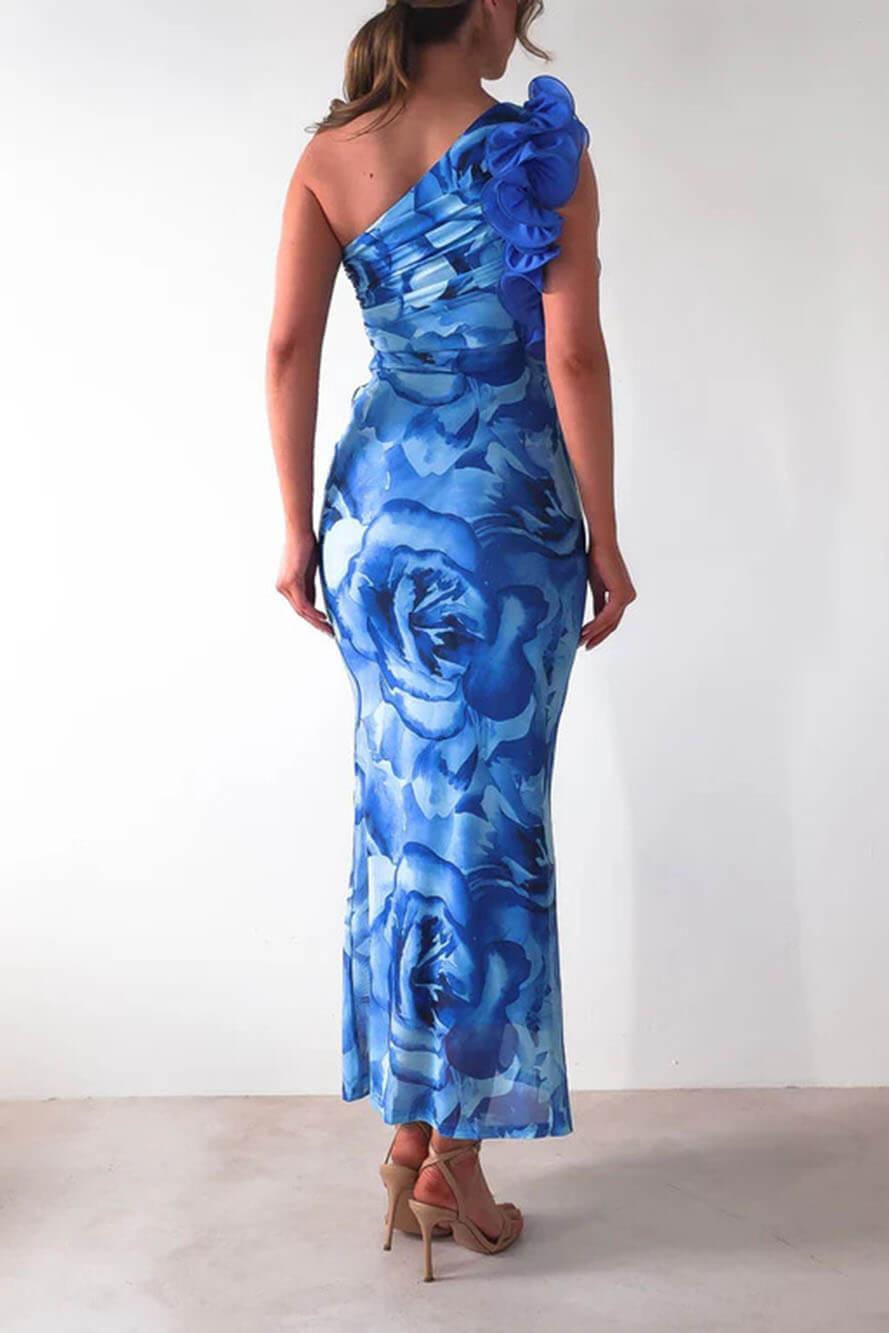 3D Flower Floral Skew Collar Midi Dress