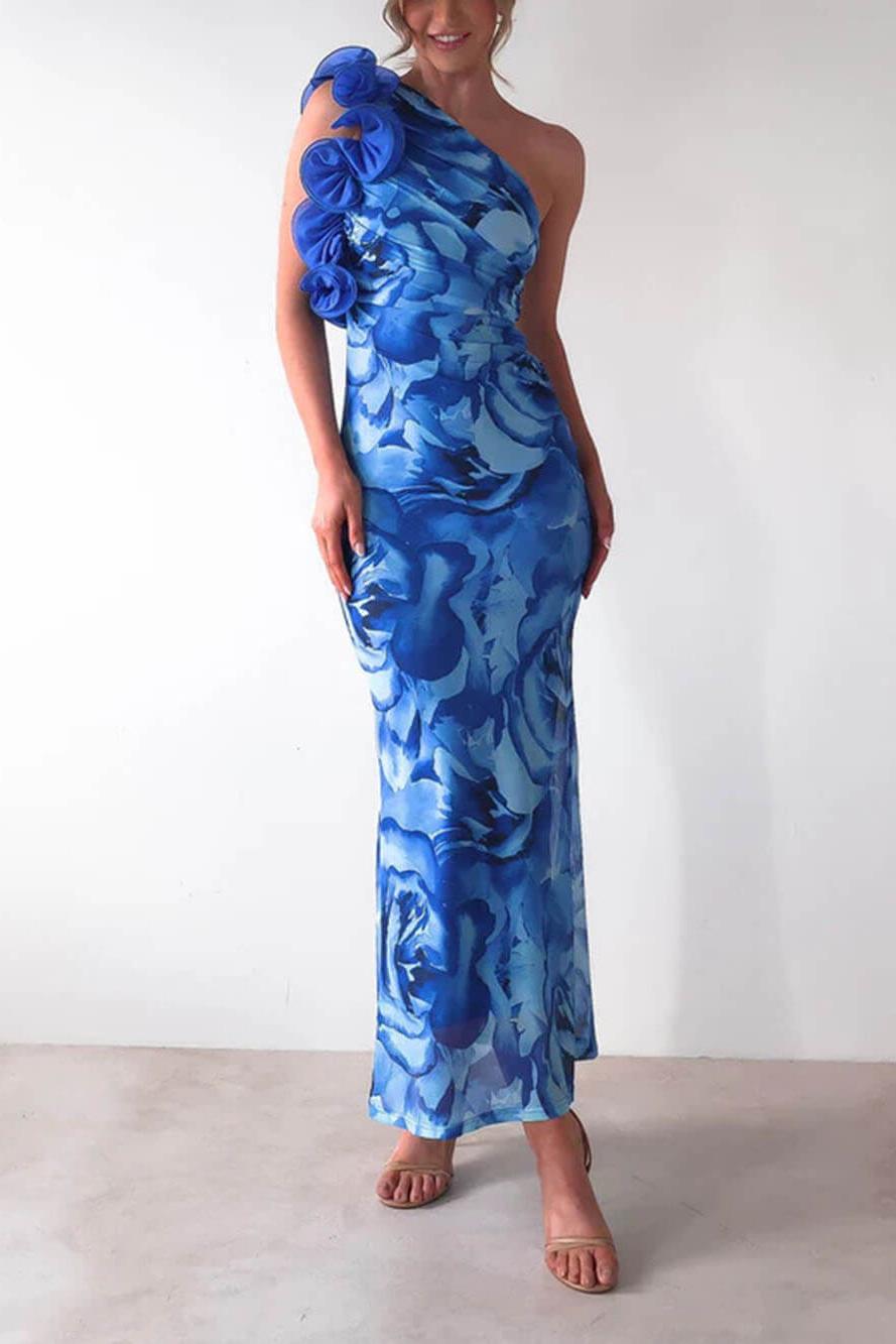 3D Flower Floral Skew Collar Midi Dress