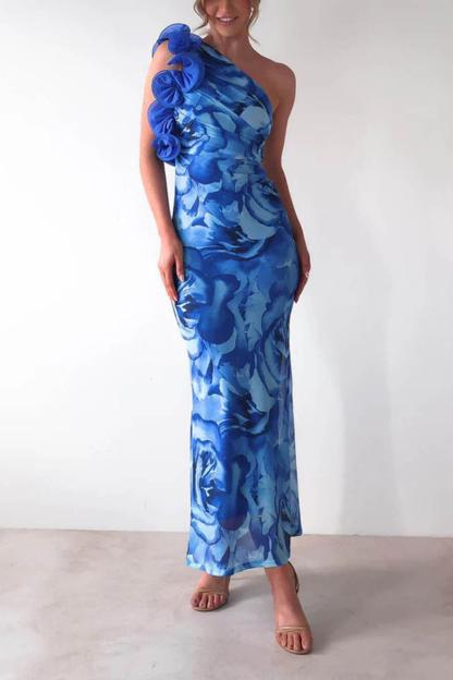 3D Flower Floral Skew Collar Midi Dress