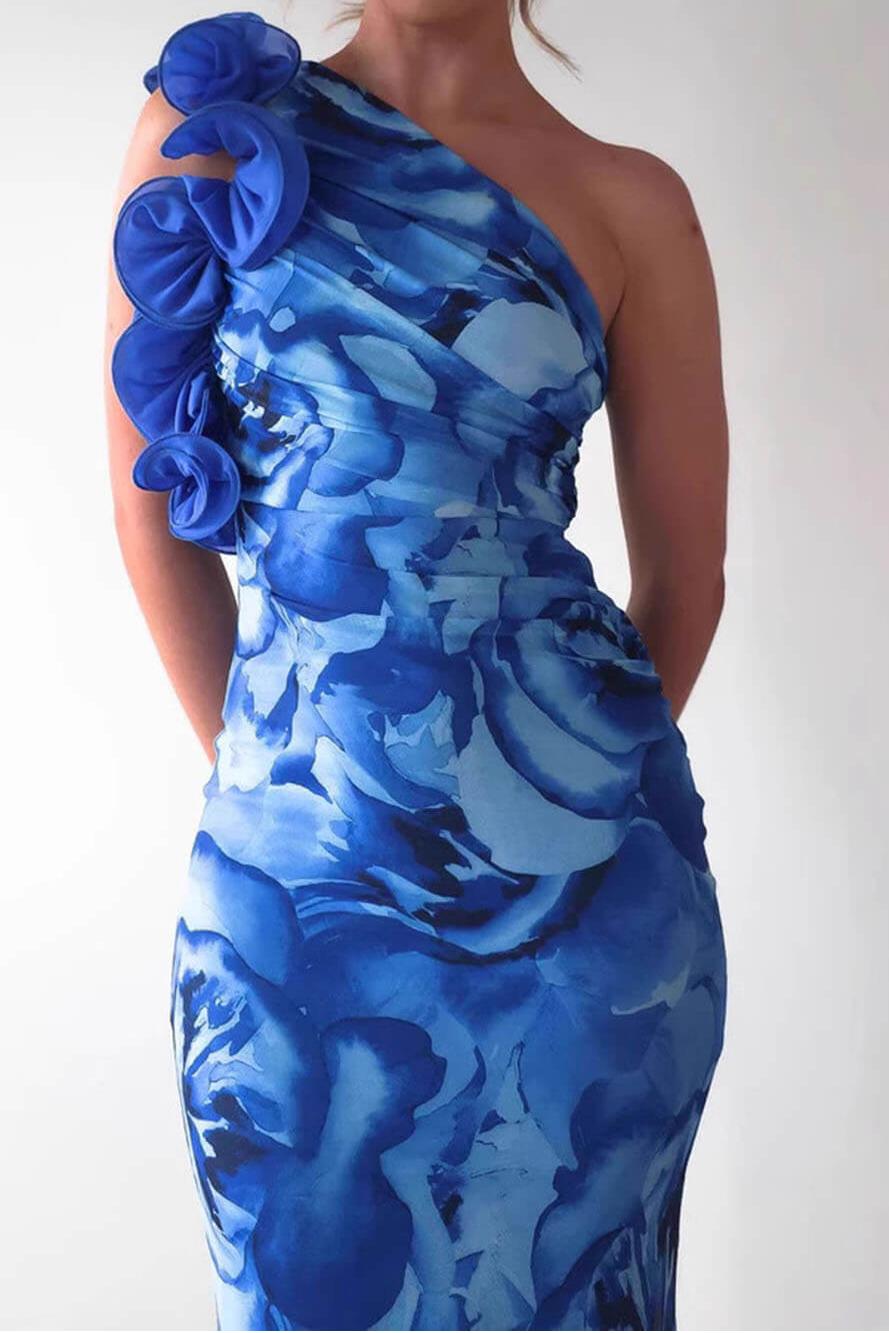 3D Flower Floral Skew Collar Midi Dress