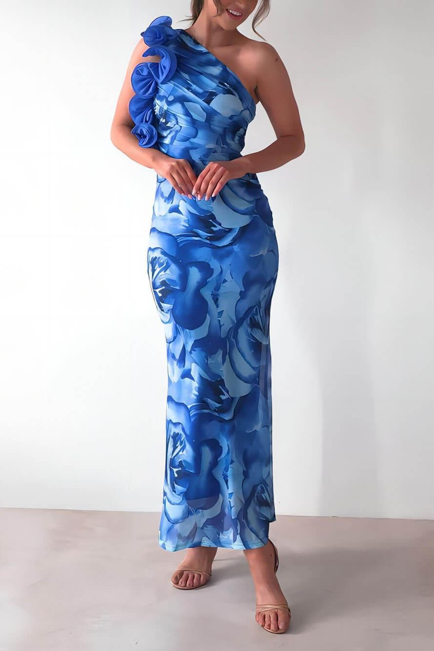 3D Flower Floral Skew Collar Midi Dress