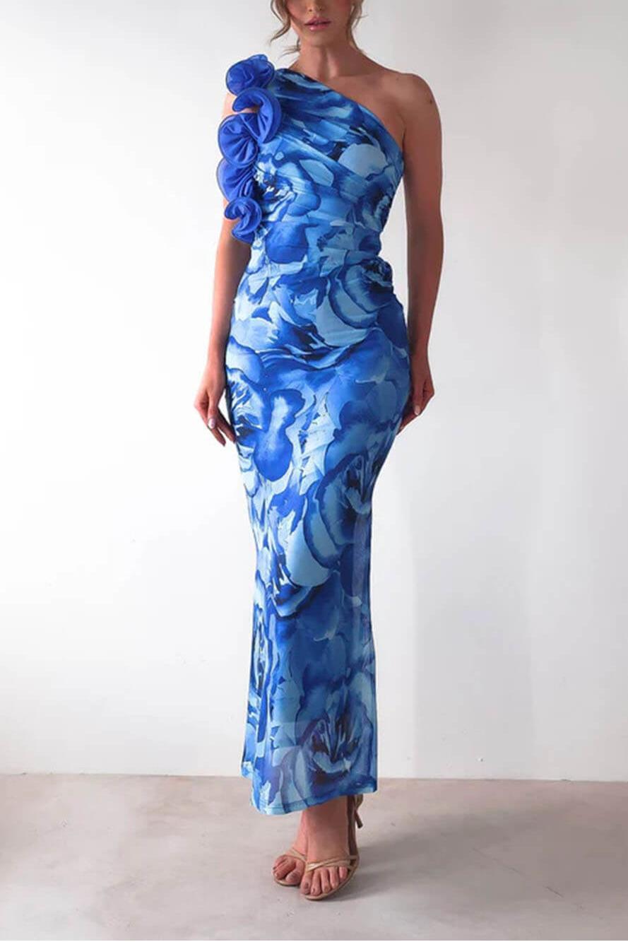 3D Flower Floral Skew Collar Midi Dress