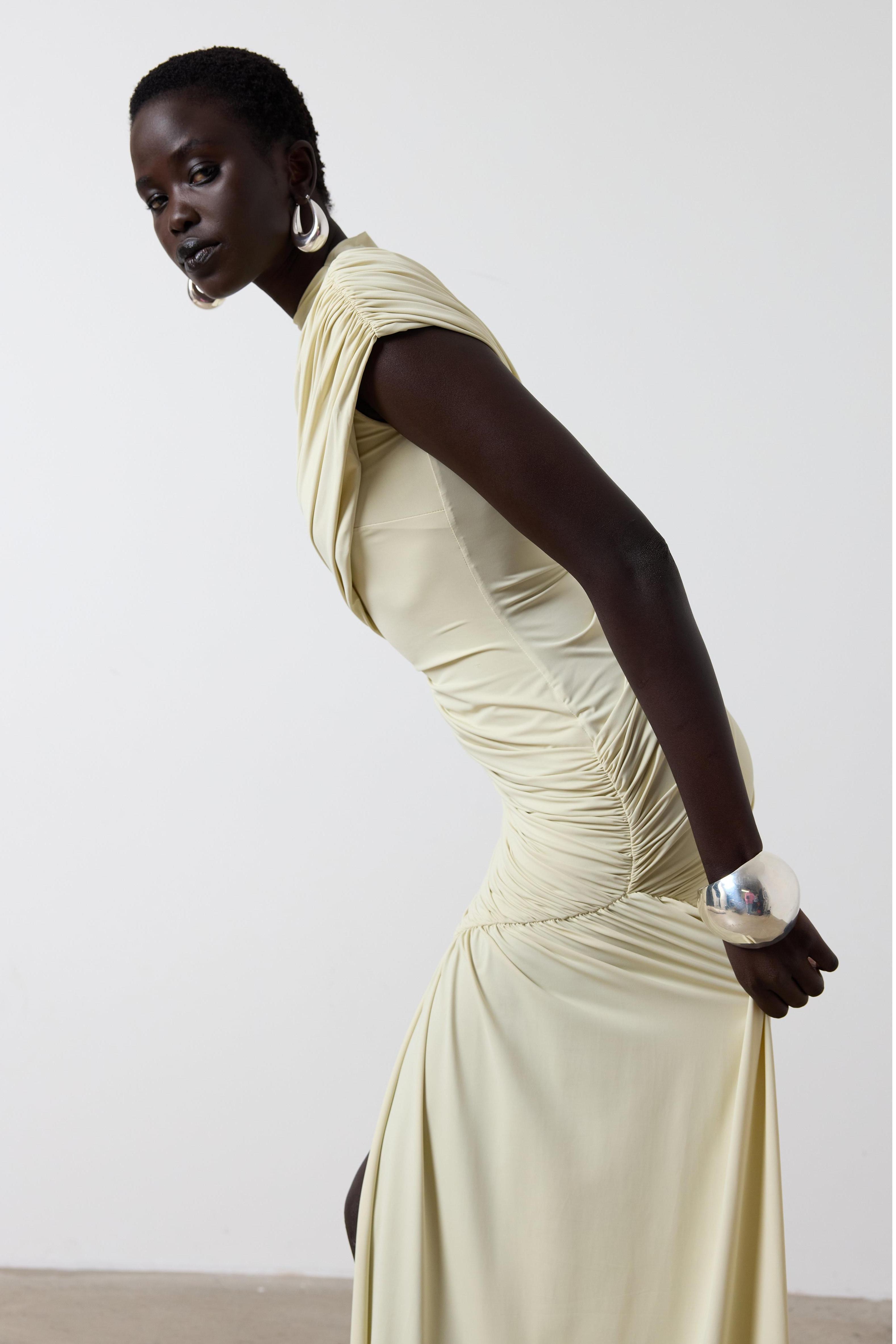 Solid Gathering Sleeveless Midi Dress