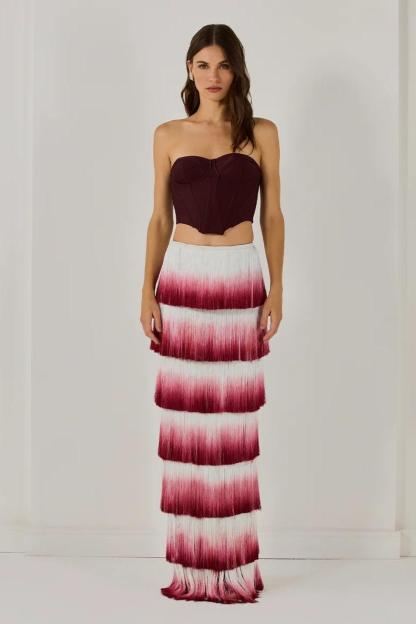 Solid Off Shoulder Top & Tassel Gradient Color Hight Neck Skirt Set