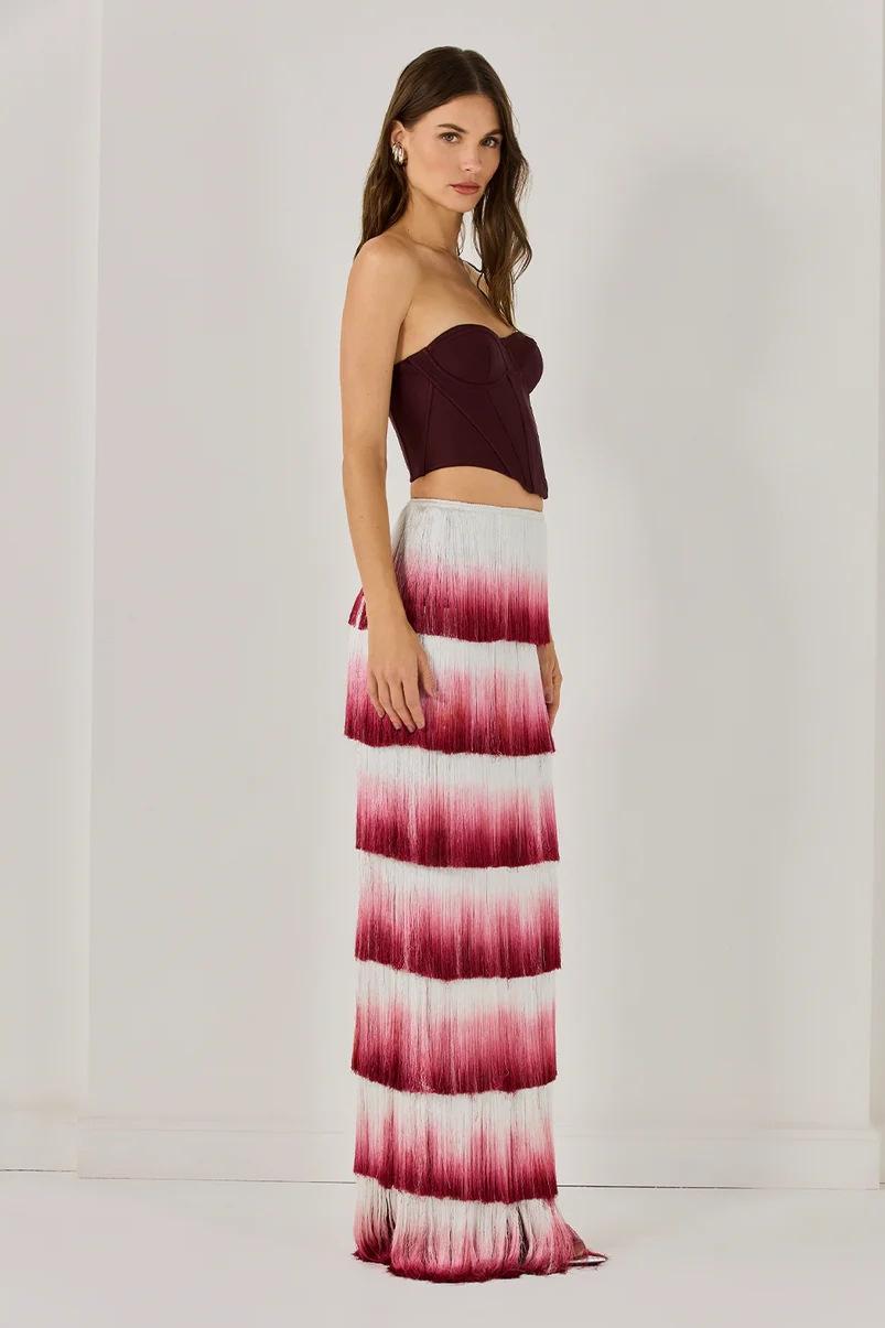 Solid Off Shoulder Top & Tassel Gradient Color Hight Neck Skirt Set