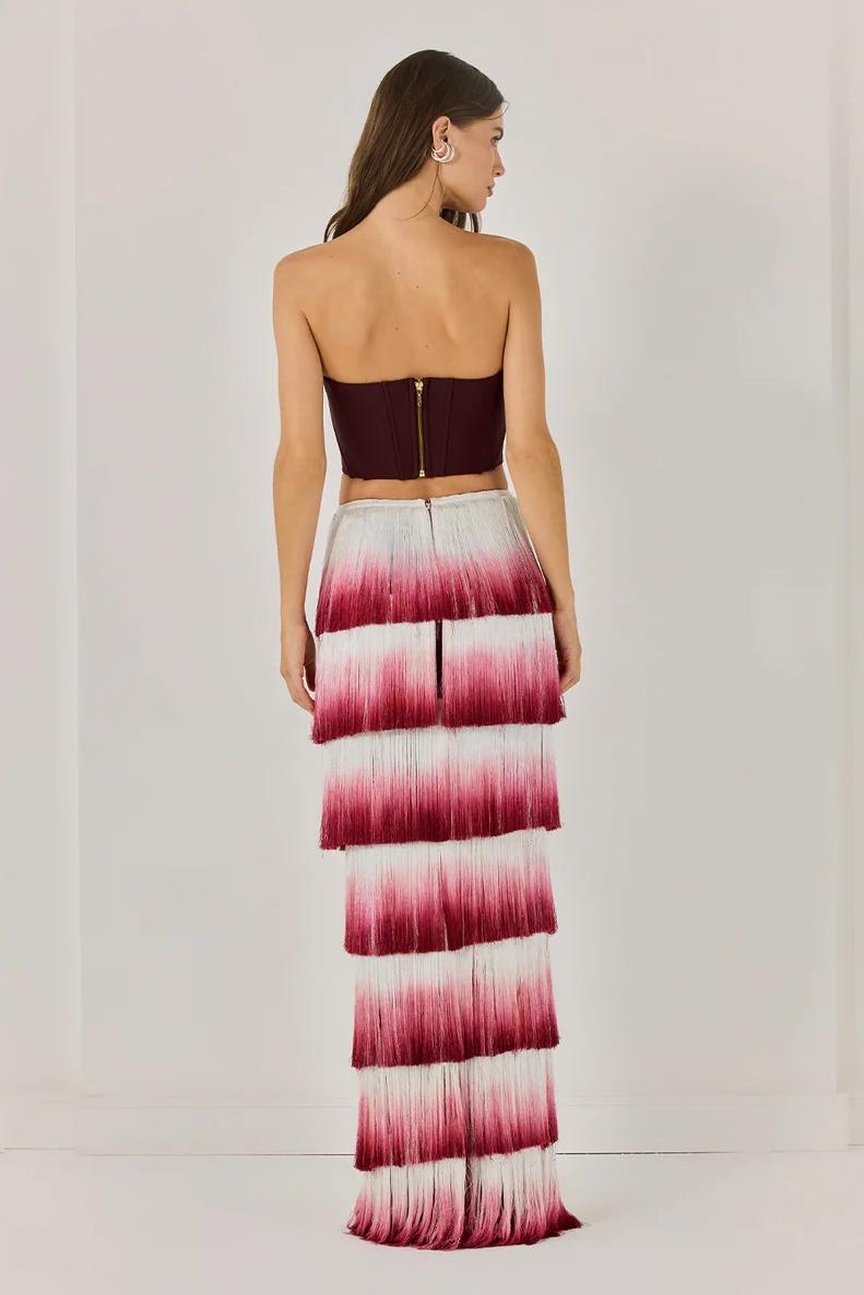 Solid Off Shoulder Top & Tassel Gradient Color Hight Neck Skirt Set