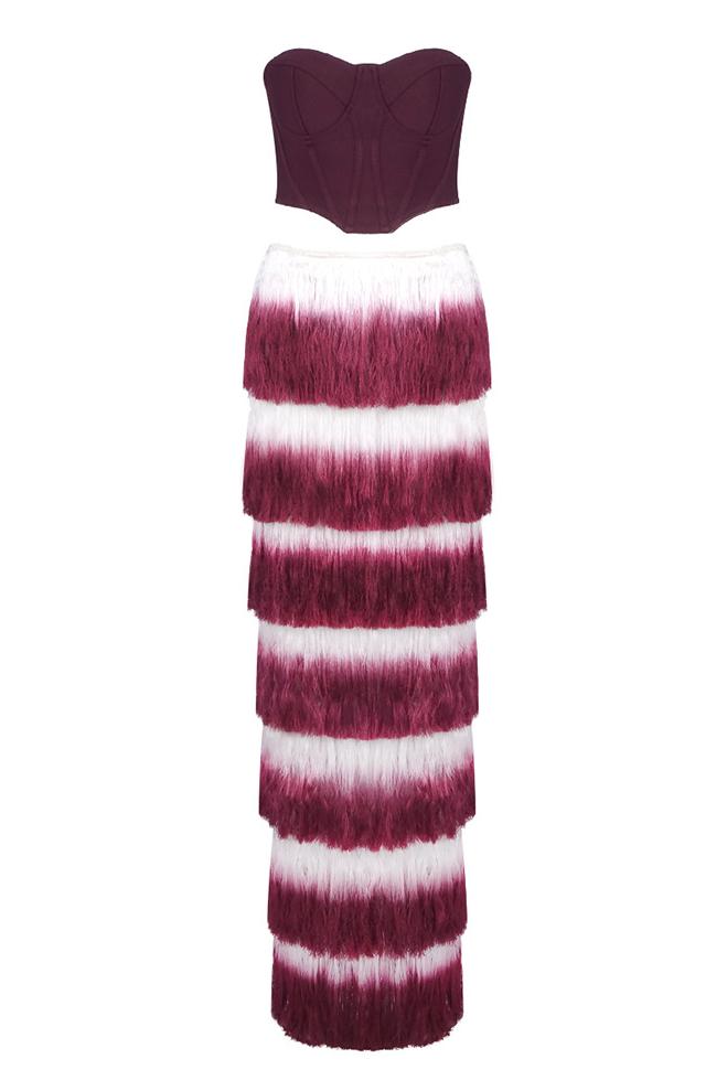 Solid Off Shoulder Top & Tassel Gradient Color Hight Neck Skirt Set