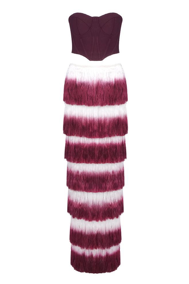 Solid Off Shoulder Top & Tassel Gradient Color Hight Neck Skirt Set