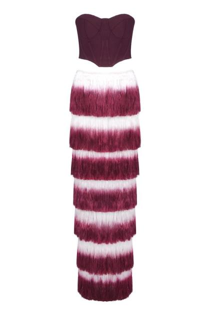 Solid Off Shoulder Top & Tassel Gradient Color Hight Neck Skirt Set