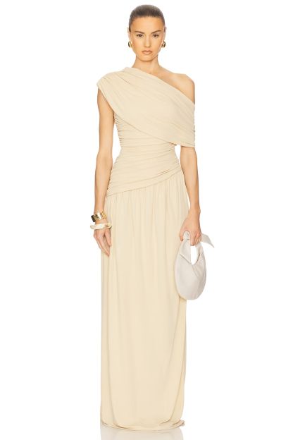 Solid Gathering Skew Collar Maxi Dress