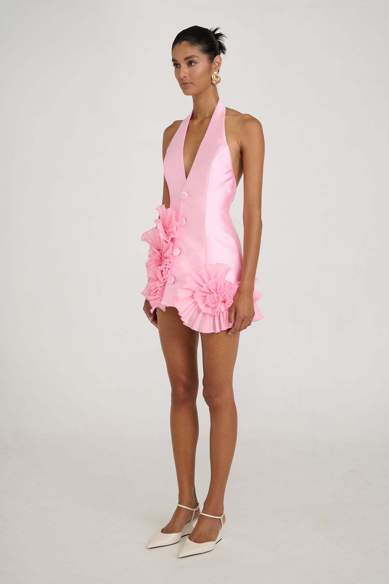 Satin 3D Flower Halter Neck Mini Dress