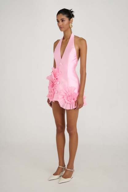 Satin 3D Flower Halter Neck Mini Dress