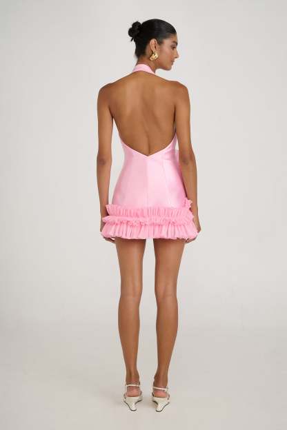 Satin 3D Flower Halter Neck Mini Dress