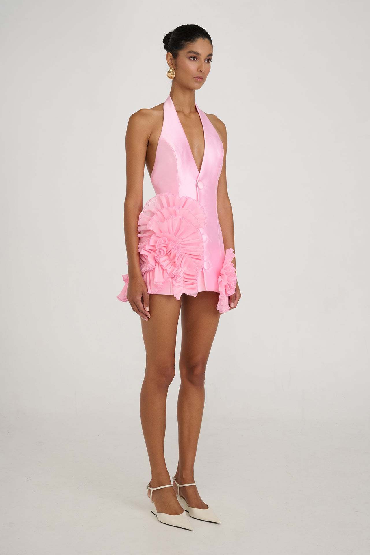 Satin 3D Flower Halter Neck Mini Dress