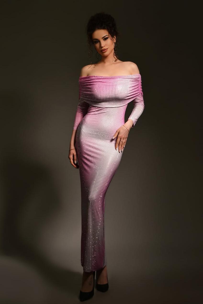 Silver-Embossed Fabric Off-Shoulder Midi Dress