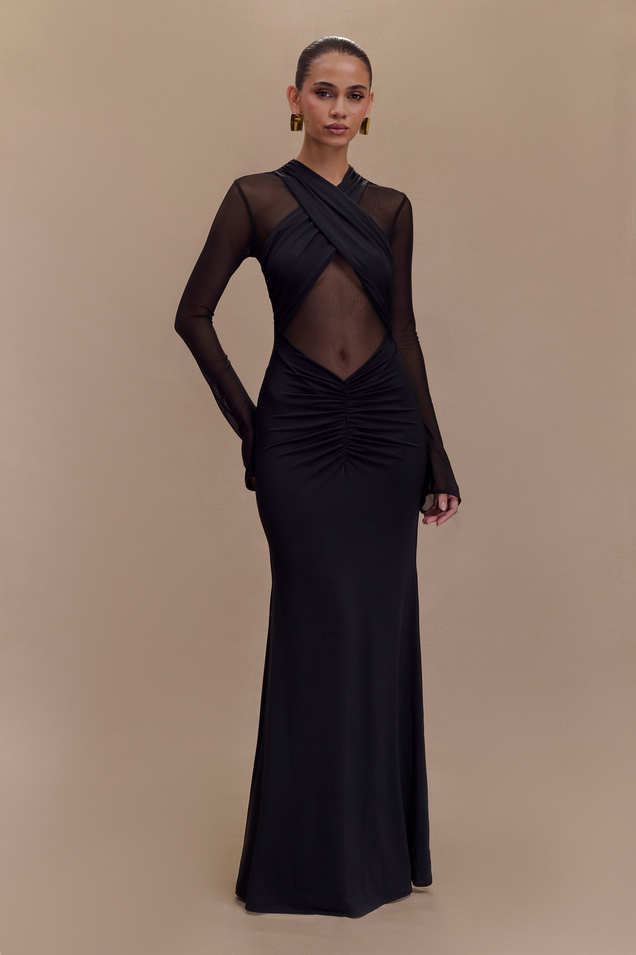 Mesh Around Neck Long Sleeve Midi Dress