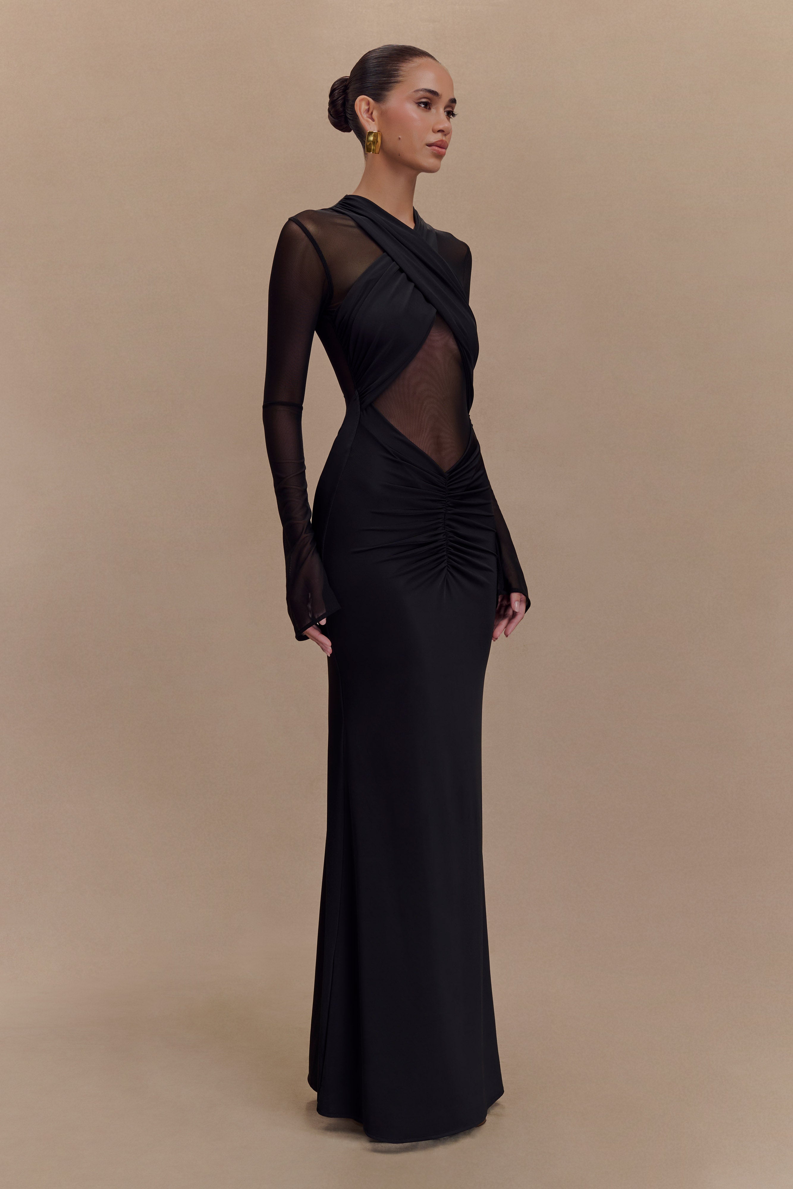 Mesh Around Neck Long Sleeve Midi Dress