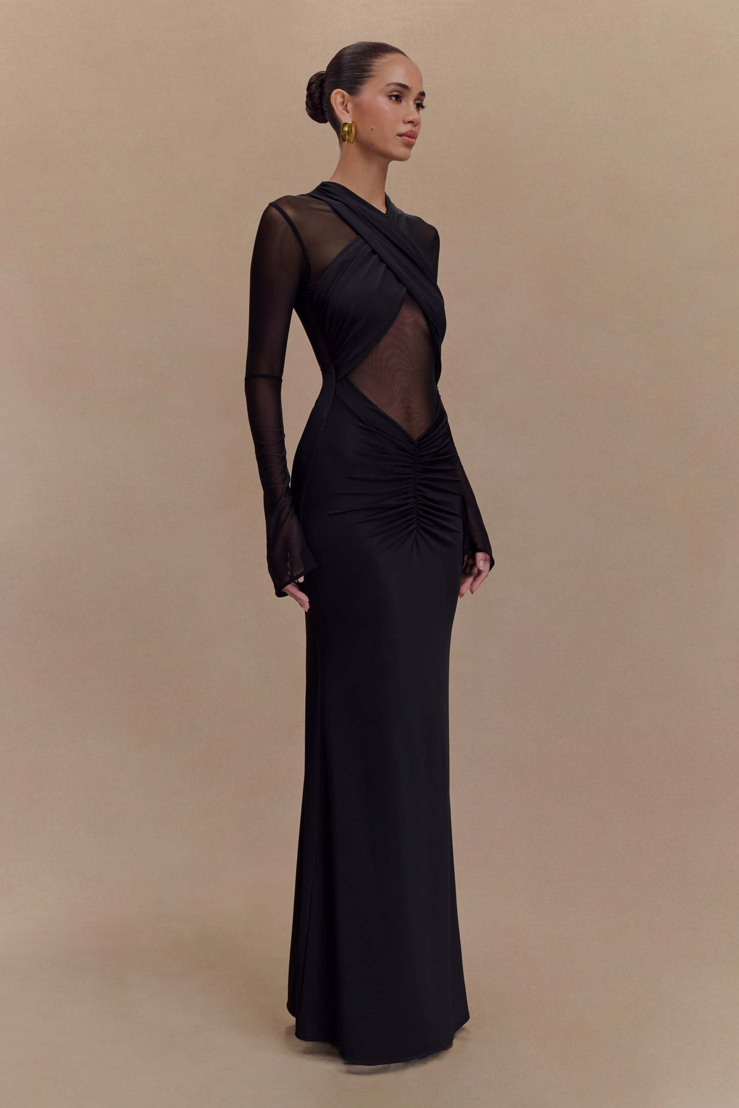 Mesh Around Neck Long Sleeve Midi Dress