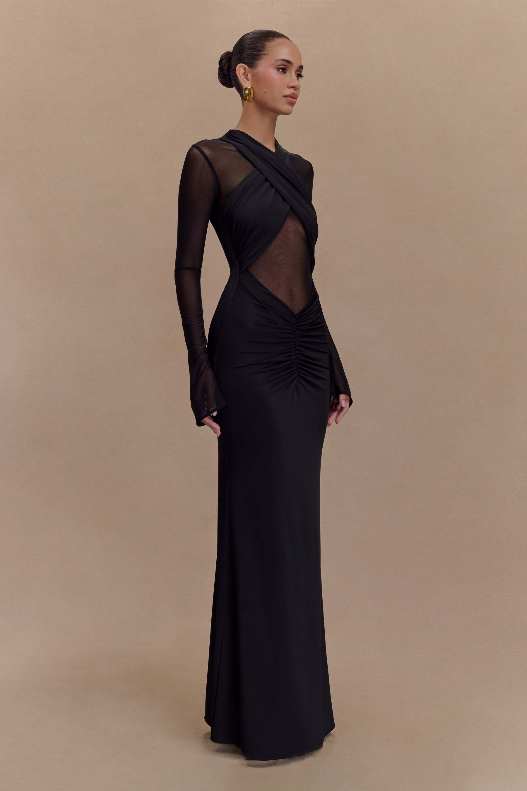 Mesh Around Neck Long Sleeve Midi Dress