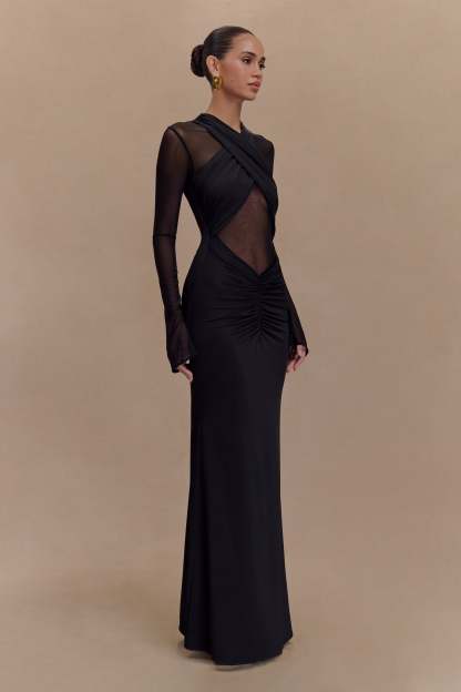 Mesh Around Neck Long Sleeve Midi Dress