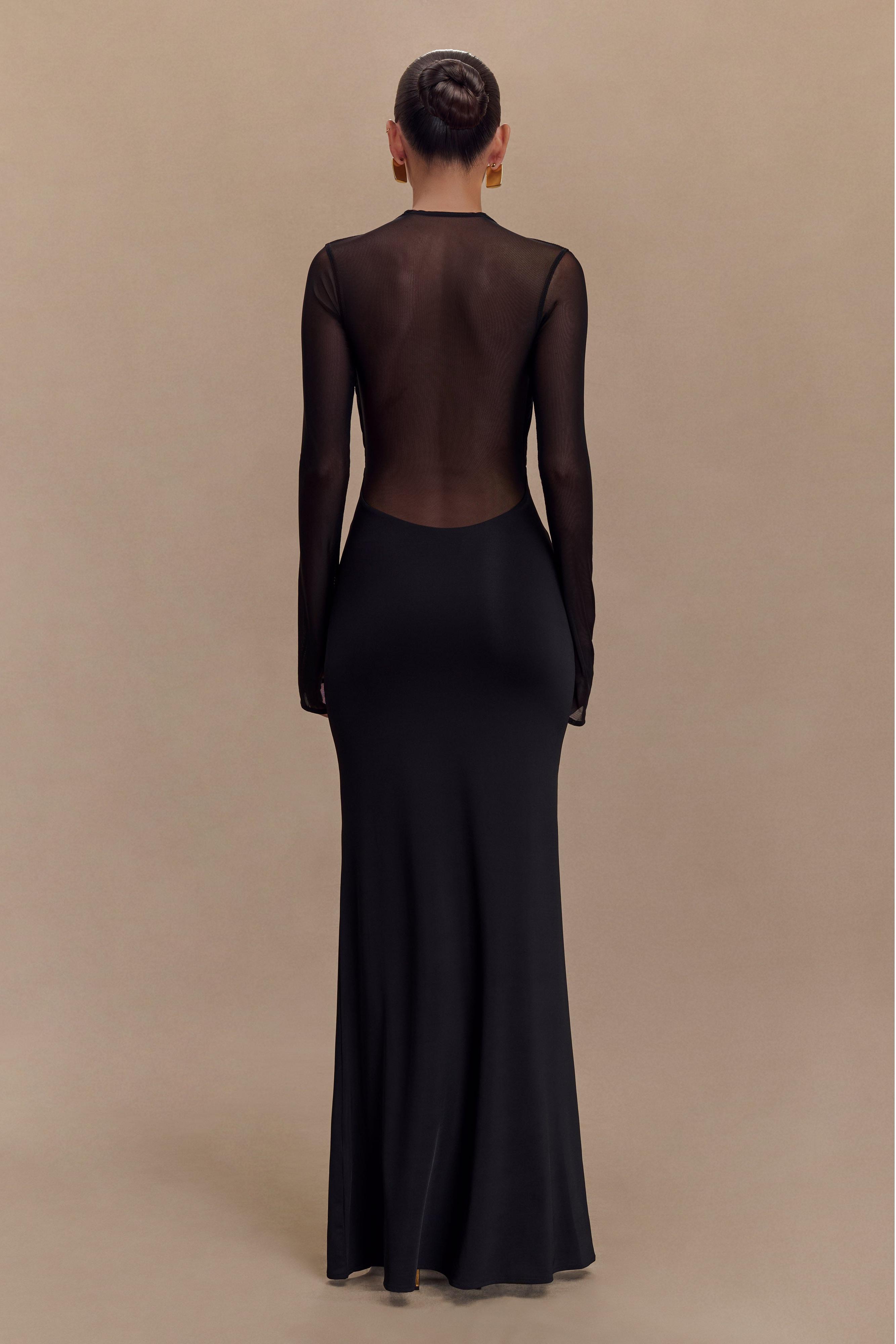 Mesh Around Neck Long Sleeve Midi Dress