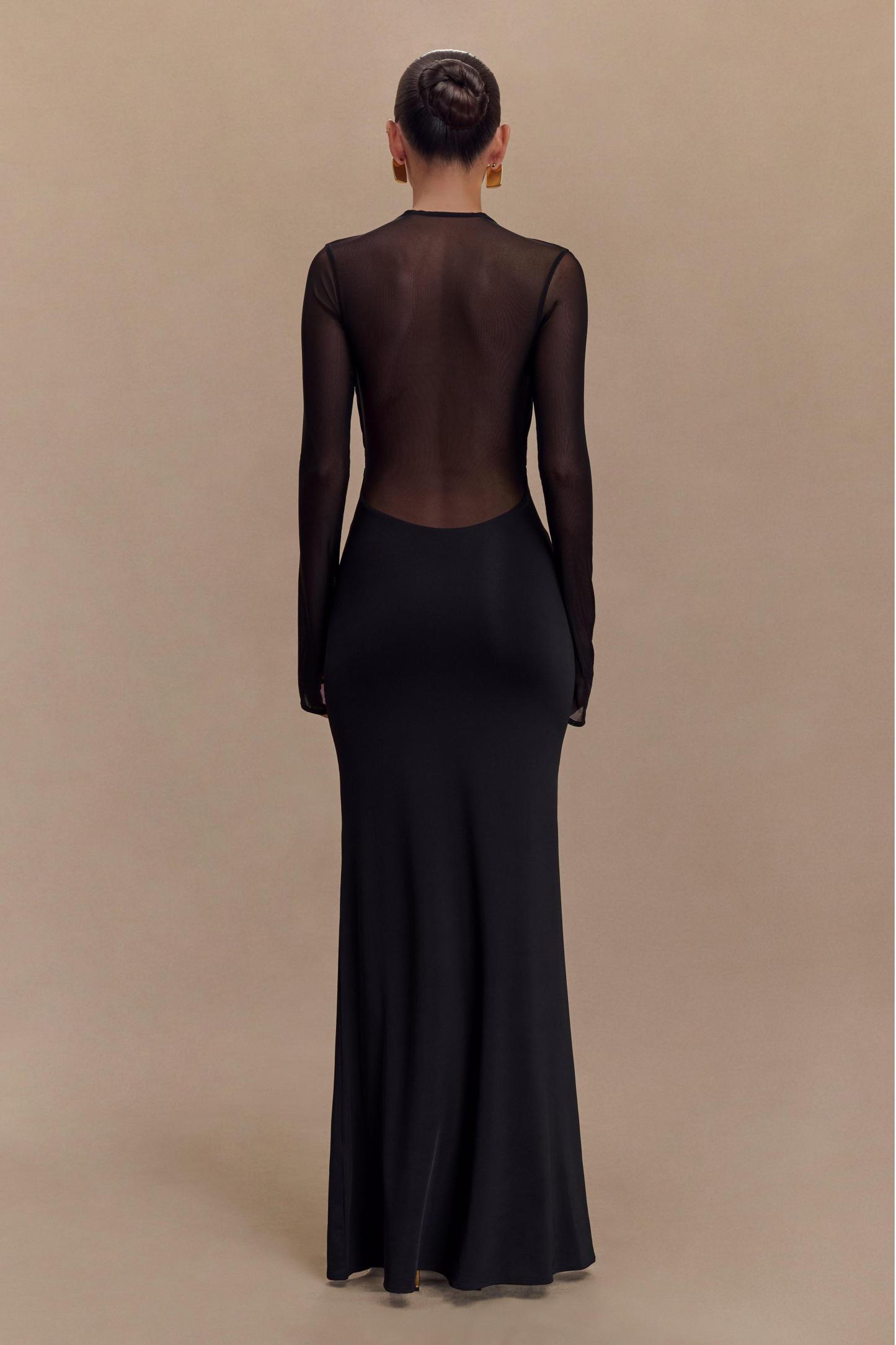 Mesh Around Neck Long Sleeve Midi Dress