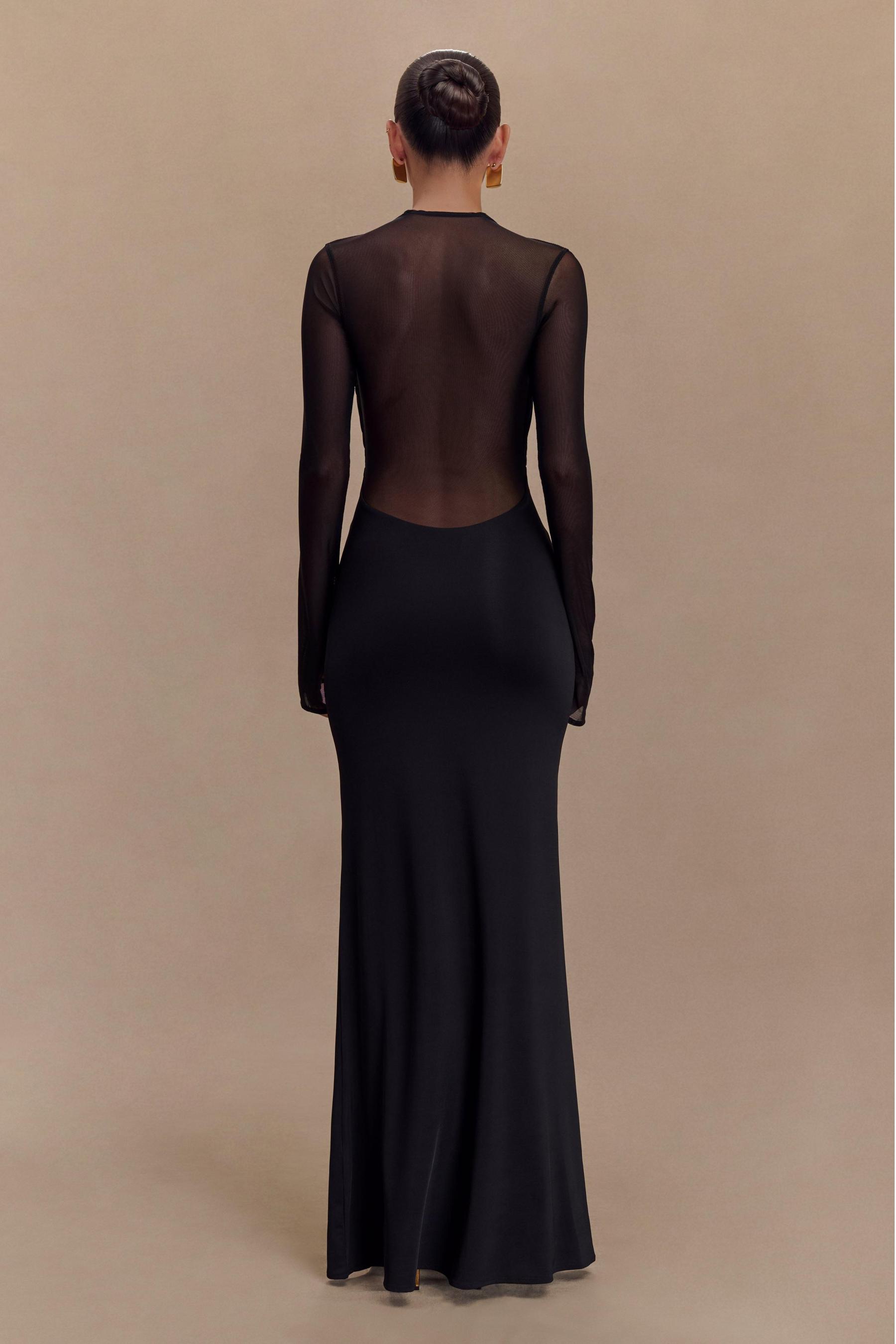 Mesh Around Neck Long Sleeve Midi Dress