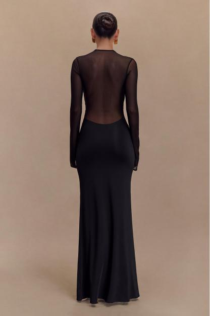 Mesh Around Neck Long Sleeve Midi Dress