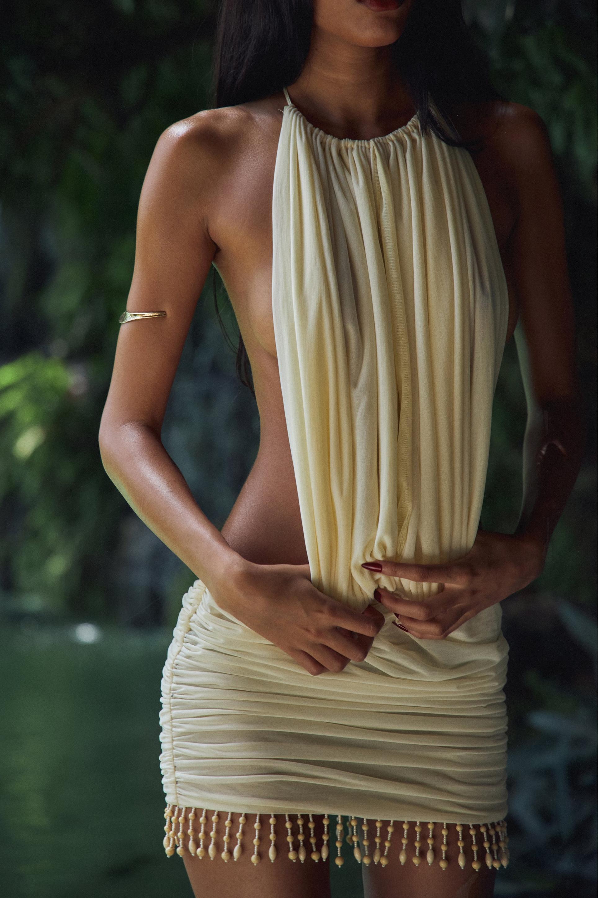 Mesh Lace-Up Faux Pearl Tassel Mini Dress