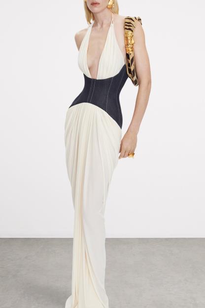 Halter Neck Backless Splicing Maxi Dress