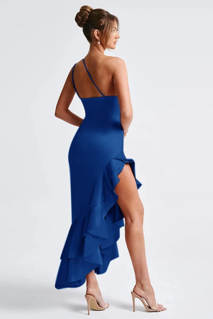 Solid One Shoulder Frill Maxi Dress