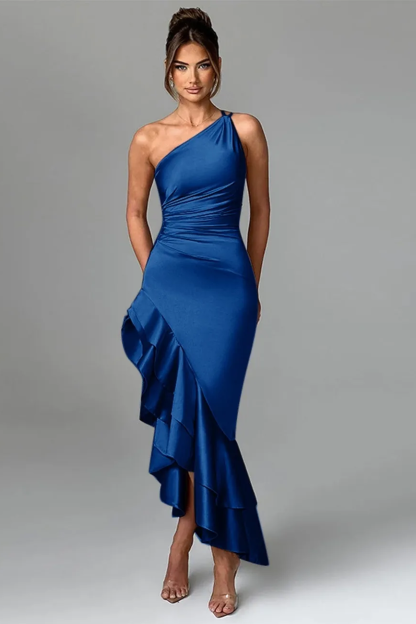 Solid One Shoulder Frill Maxi Dress