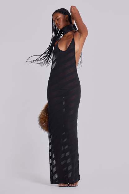 Mesh Twill Stripe Backless Maxi Dress