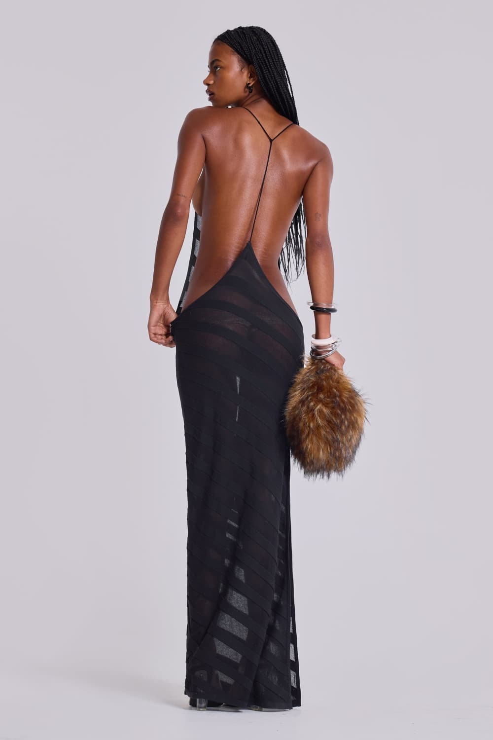 Mesh Twill Stripe Backless Maxi Dress