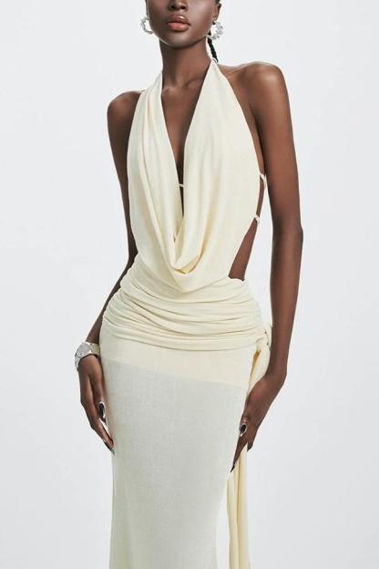 Solid Jersey Halter Neck Backless Maxi Dress