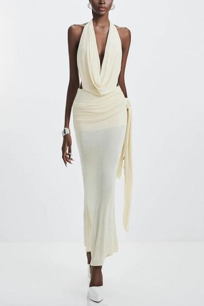 Solid Jersey Halter Neck Backless Maxi Dress