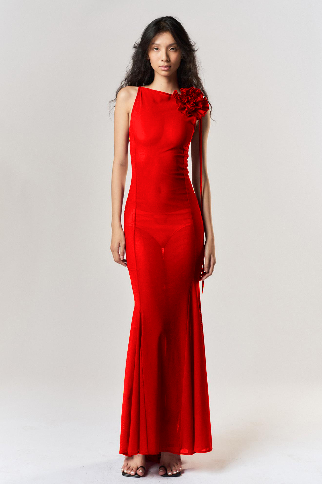 3D Flower Mesh Solid Maxi Dress