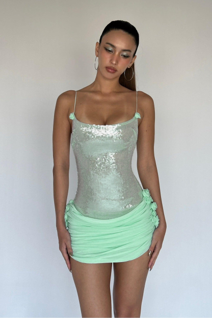 3D Flower Sequin Splicing Chiffon Mini Dress