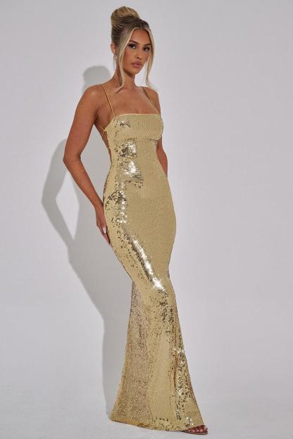 Sequin Lace-Up Backless Slip Maxi Dress