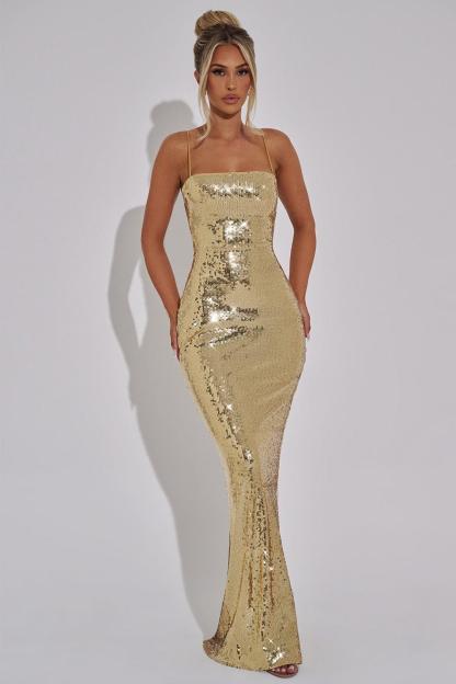Sequin Lace-Up Backless Slip Maxi Dress
