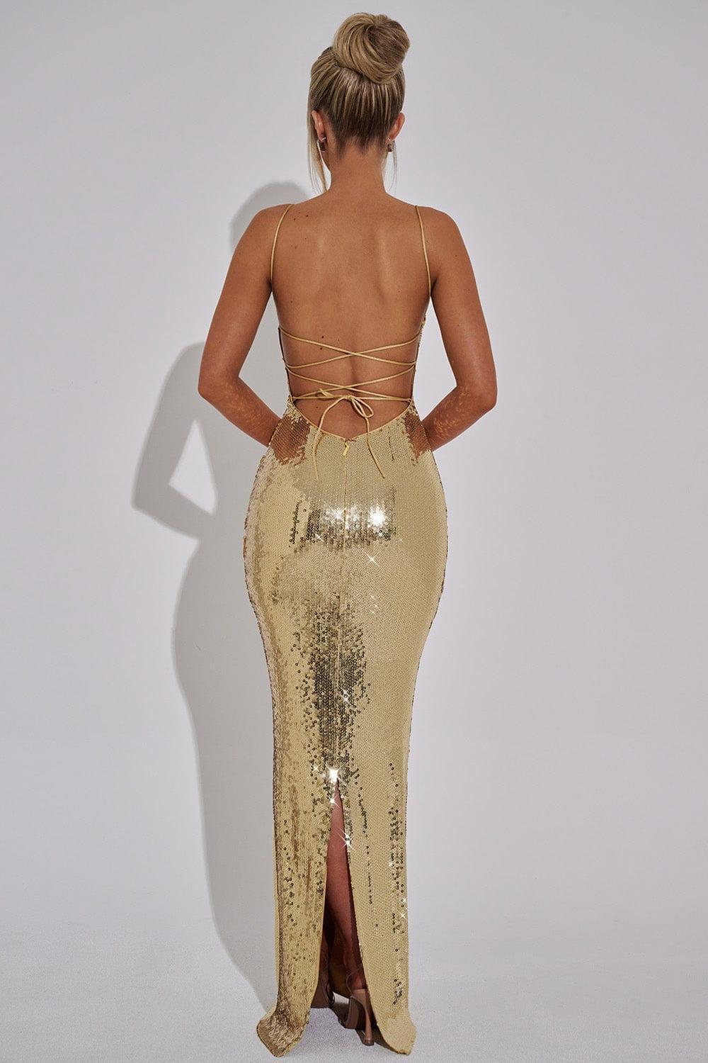 Sequin Lace-Up Backless Slip Maxi Dress