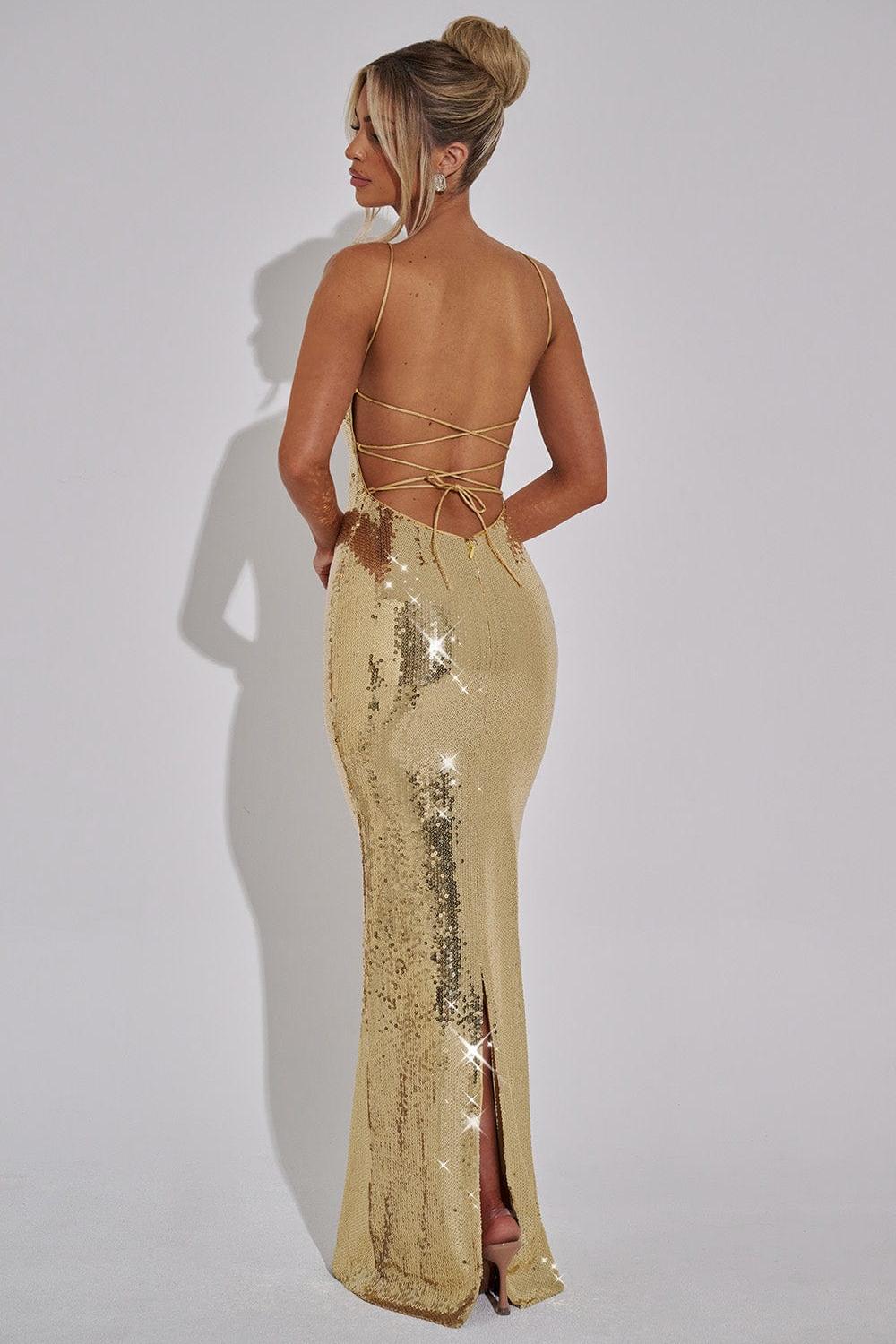 Sequin Lace-Up Backless Slip Maxi Dress