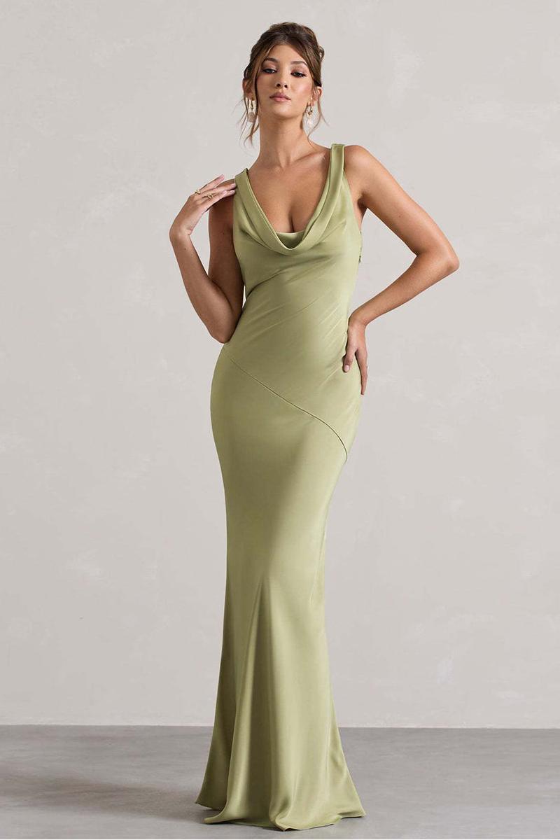 Satin Swing Collar Lace-Up Maxi Dress