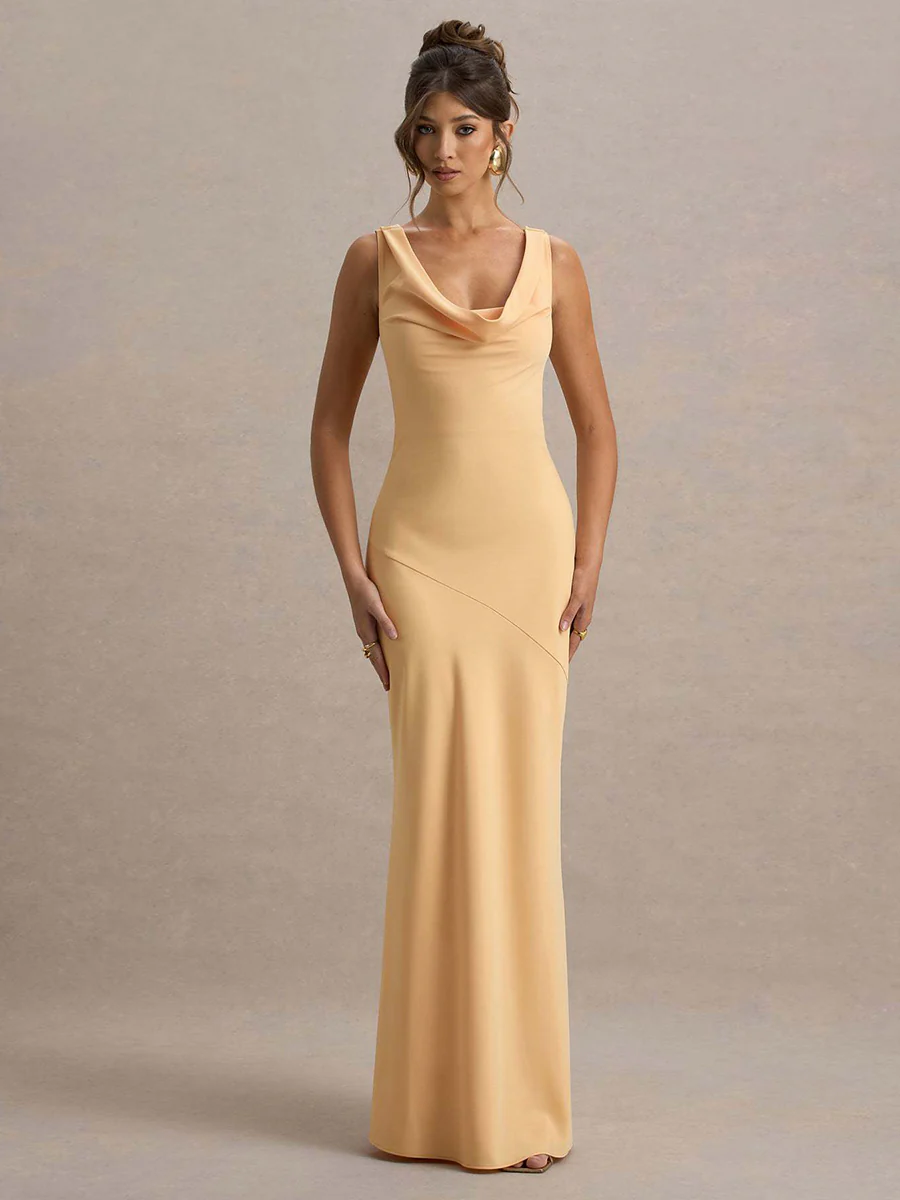 Satin Swing Collar Lace-Up Maxi Dress